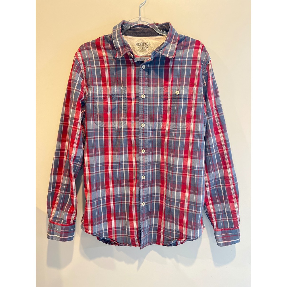 Heritage Nation Mens Large Plaid Button Down Shirt Elbow Patches Red Blue Cotton
